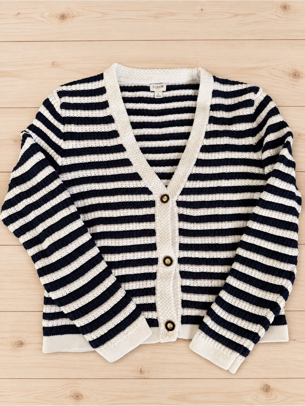 J.Crew Navy Ivory Striped Cotton Textured Cardigan Sweater L